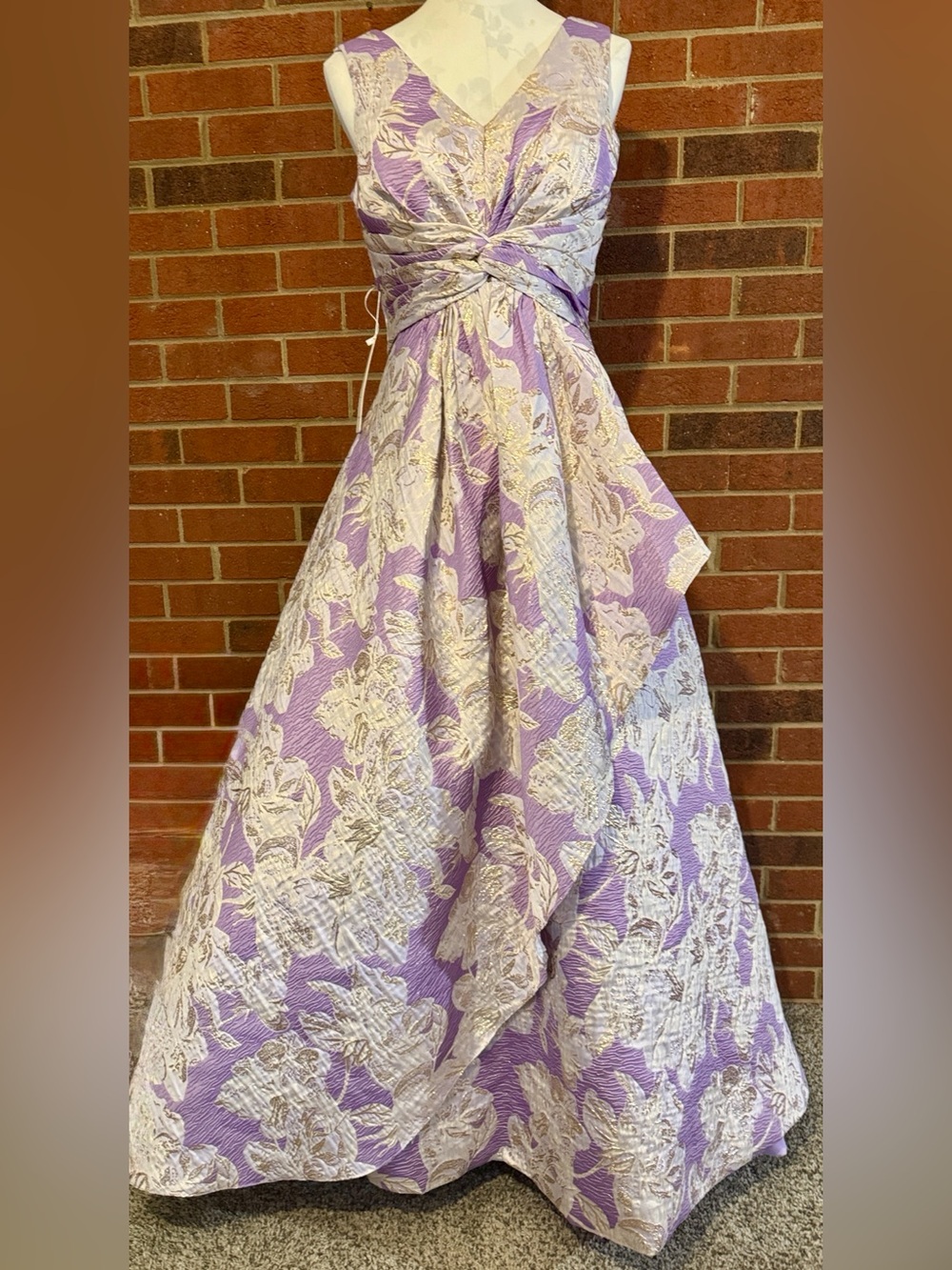 Shirees Lavender, White & Gold Metallic Floral Jacquard Twist-Front A-line Gown